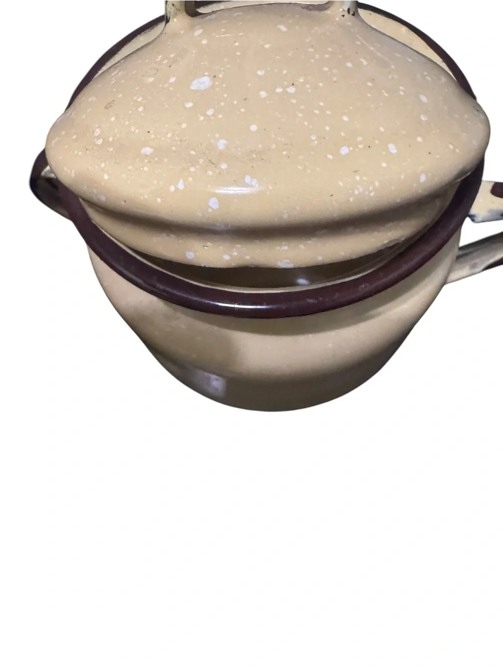 Vintage Beige Speckled Enamelware Creamer & Covered Sugar Bowl Set